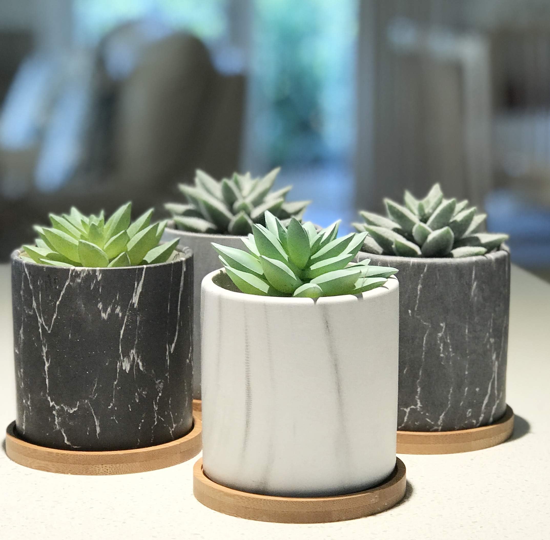 Kurrajong Farmhouse Set of 4 Ceramic planters 3.7" high with Saucers, Succulent pots with Drainage, Ceramic pots for Succulent Plants, Succulent Planter pots, Plant Pot Set (Plants not Included)