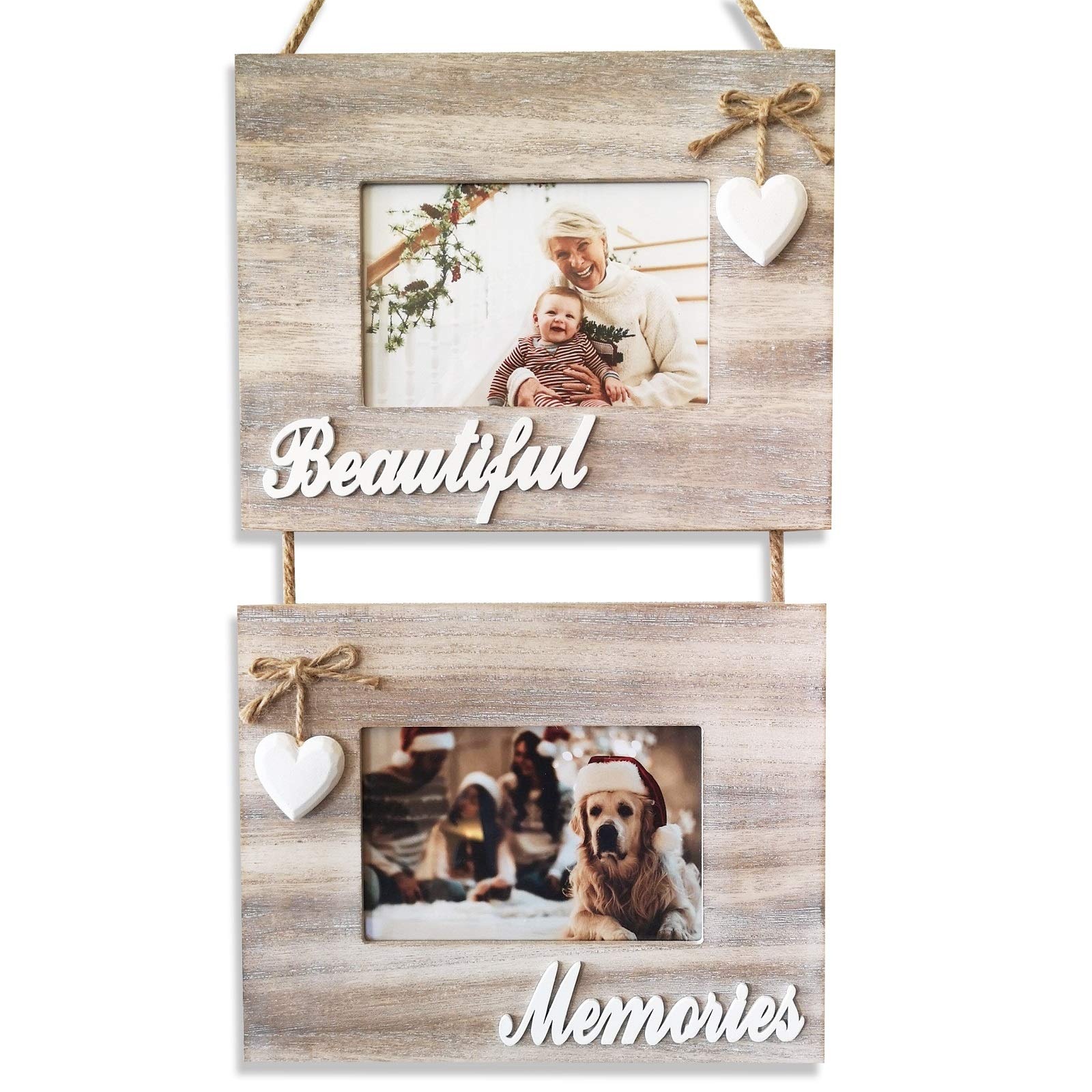 Beautiful Memories Rustic Picture Frame - Double Hanging Photo Frame for Two 4x6" Pictures. Packaged to Inspire and Delight, Shabby Chic Cottage Decor, Whitewash Style Wood Foto Frame