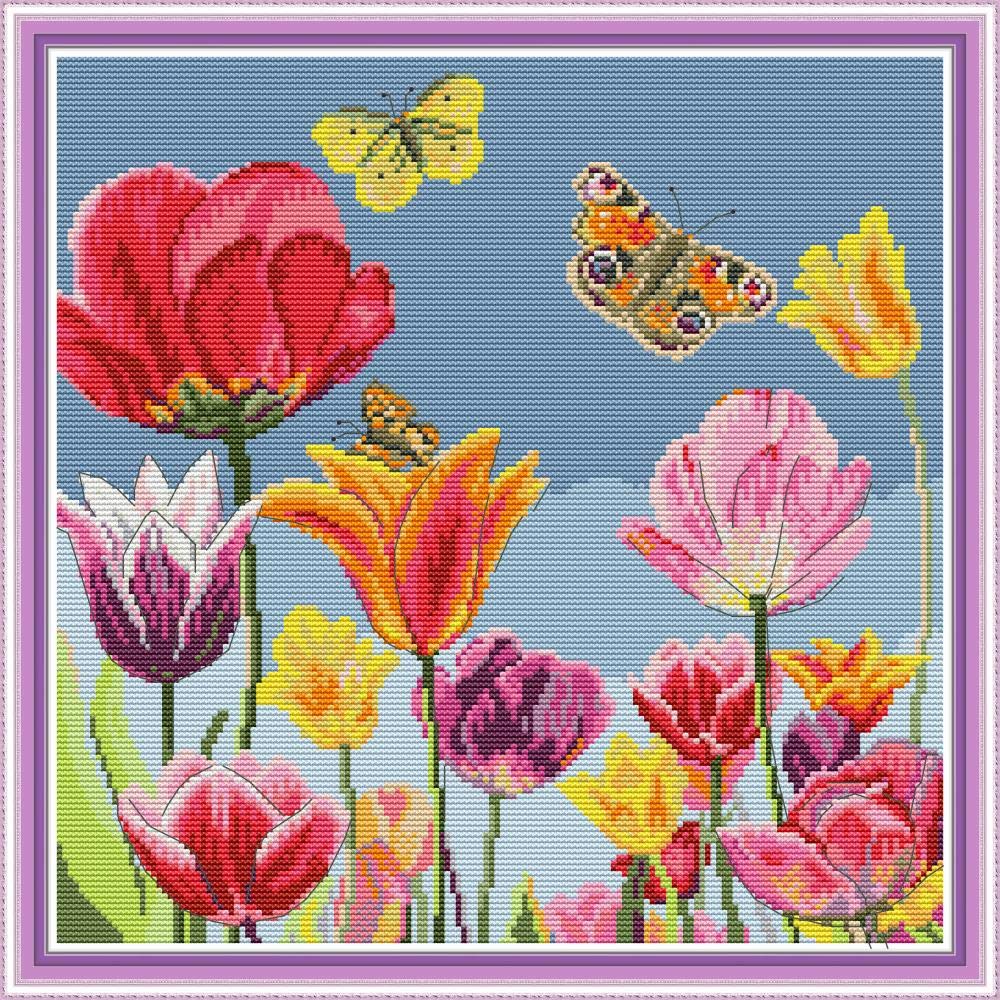 WOWDECOR Cross Stitch Embroidery Kits for Adults Kids, Colorful Tulip Flowers Butterfly 11CT Stamped DIY DMC Needlework Easy Beginners