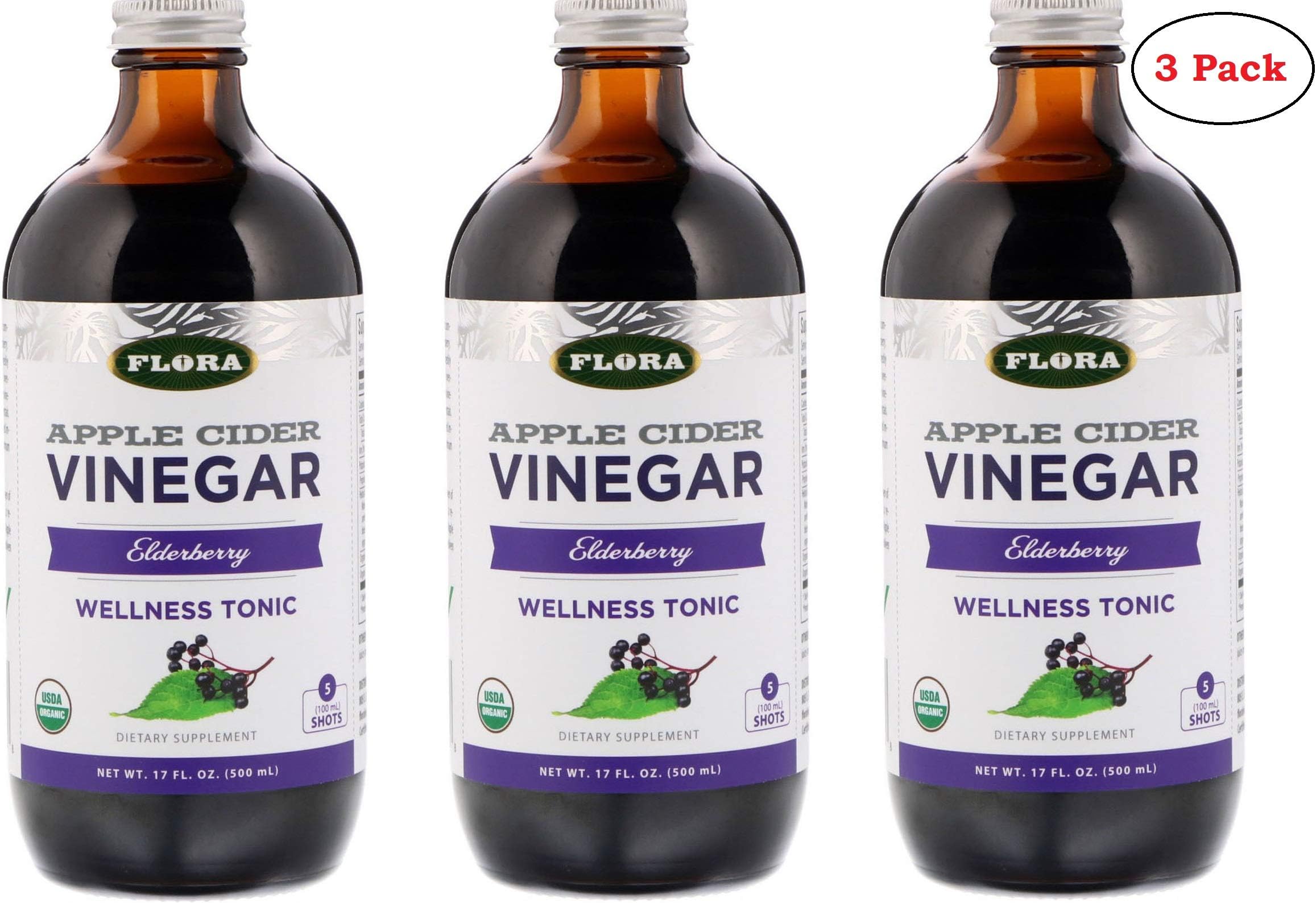 LARGE Organic Apple Cider Vinegar , Elderberry with Herbs, 17 Oz (Pack of 3) -  by Flora