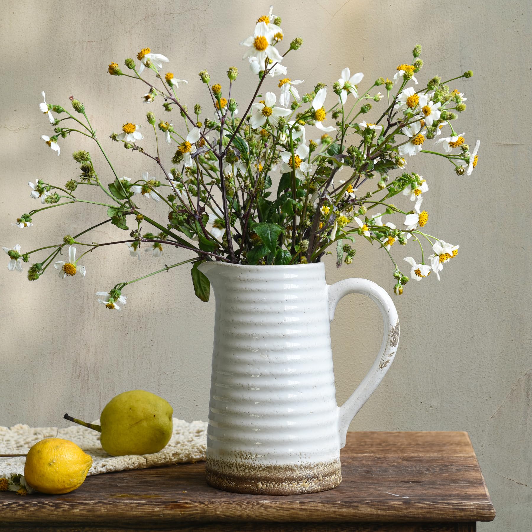 Photo 1 of Quoowiit Ceramic Rustic Vase with Handle, White Distressed Decorative Farmhouse Pitcher Vase for Home Decor Living Room Bedroom Kitchen Office Shelf Decor Centerpiece Table Decoration