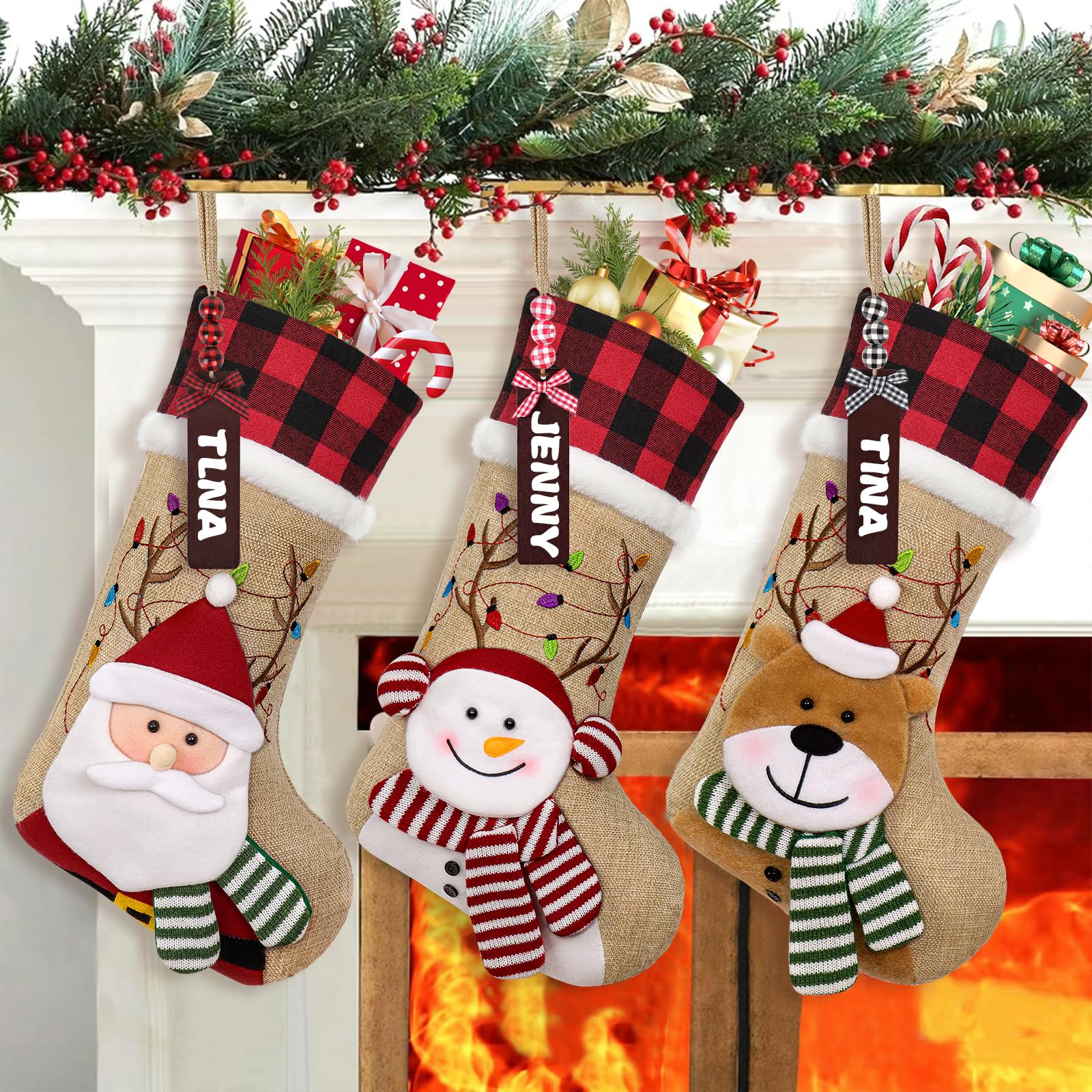 ASTNIC Christmas Stockings 3 Pack, 18”Personalized Xmas Stockings with Name Tags 3D Snowflake Santa, Snowman, Reindeer and Plush Faux Fur Cuff for Stairs Fireplace Hanging Christmas Party Home Decor