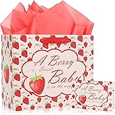 Baby Shower Strawberry Gift Bag – Cute Girl On The Way Gift Bags for Women New Mother Large Berry Babyshower Gift Wrapping with Greeting Cards Tissue Paper Vintage Christmas Strawberry Shortcake Pattern Design 12 Inch