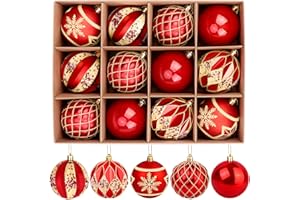 EVERMERRY EveryMerry 12-Pack 3.1 Inch Christmas Ornaments Set - Red & Gold Ornament Balls with 5 Various Designs, Decorations with Strings, Sturdy, Kraft Box with Lid for Xmas Tree, Holiday Party & Home Decor