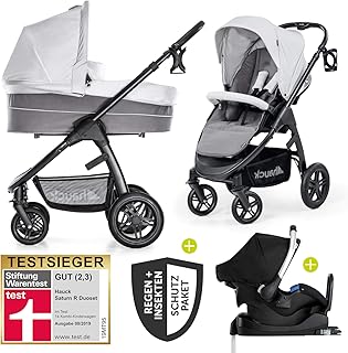 Hauck 12-teiliges Kinderwagen-Set 3in1 - Saturn R Duoset - inkl. Babyschale &amp; Isofix-Basis fürs Auto und Zubehörpaket, Kombikinderwagen ab Geburt bis 25 kg - Lunar Stone