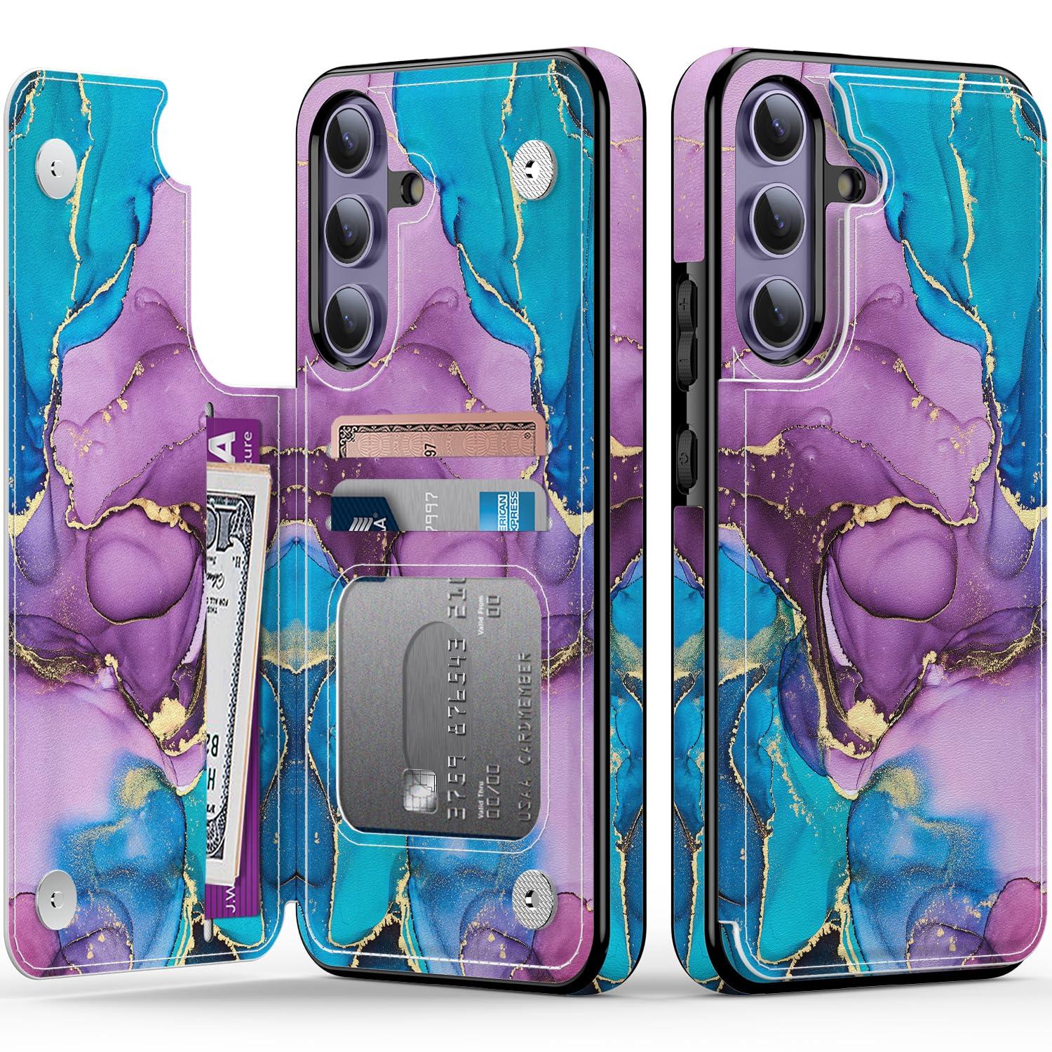 Photo 1 of Goodon for Samsung Galaxy S25 Case Wallet - Flip Folio Leather Cover with Trendy Floral Design, 3 Card Slots & Kickstand Function, Protective Phone Case for Women and Girls - Teal Purple Marble