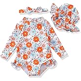 Baby Girl Swimsuit Long Sleeve One-Piece Swimwear with Hat Rash Guard Ruffle Floral Zipper Beach Infant Bathing Suit