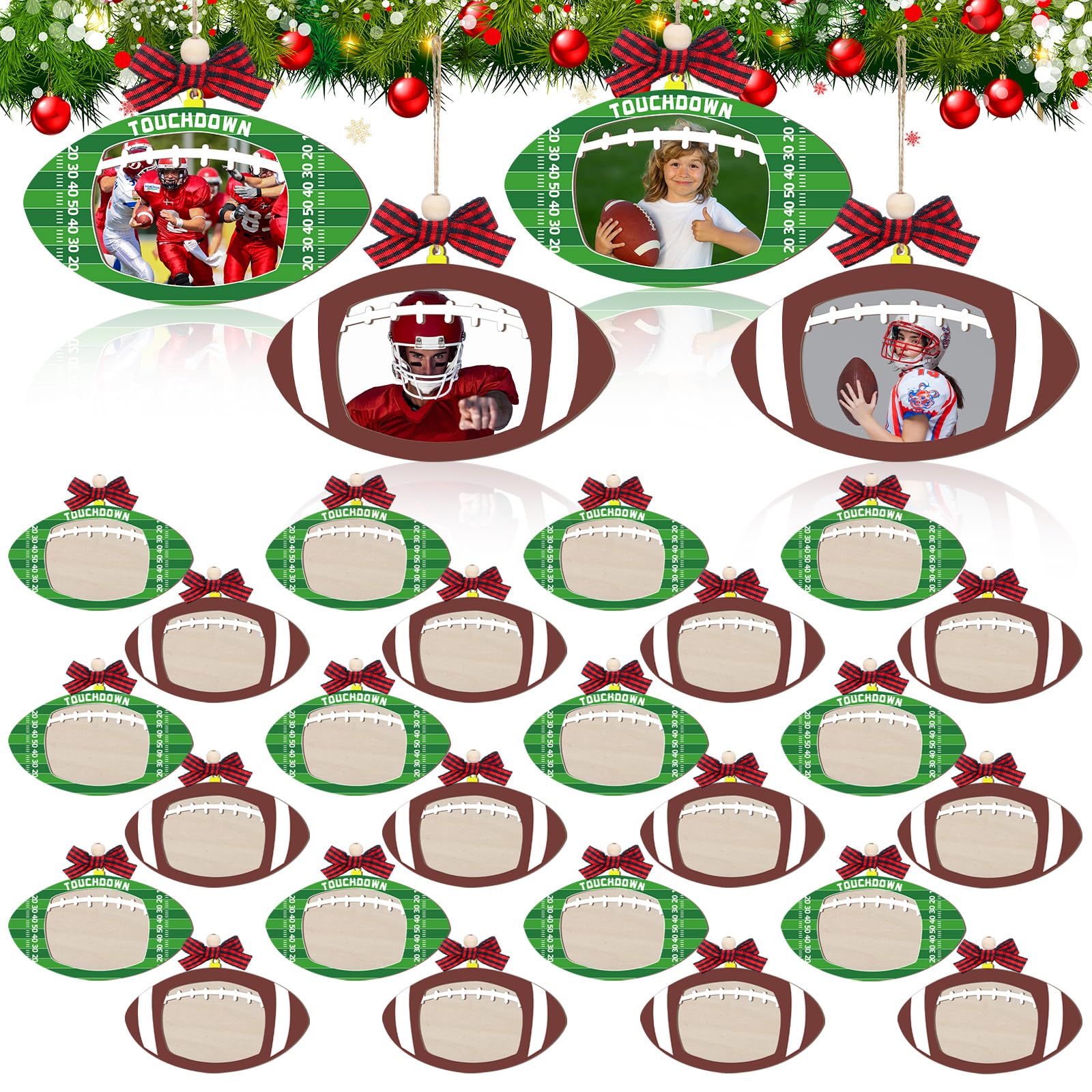 Photo 1 of 24 Pcs Football Picture Frame Ornaments for Tree Football Party Decorations Wooden Picture Frame Gifts for Team Sports Player Coach Athletes Team Party Favor