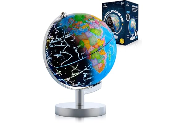 USA Toyz Illuminated Globe for Kids Learning- 3-in-1 STEM Globes of the World with Stand, Constellation Map, Built-in LED Night Light Desk Globe Lamp, Non-Tip Metal Base, 9.75” Tall, 7 Inch Diameter