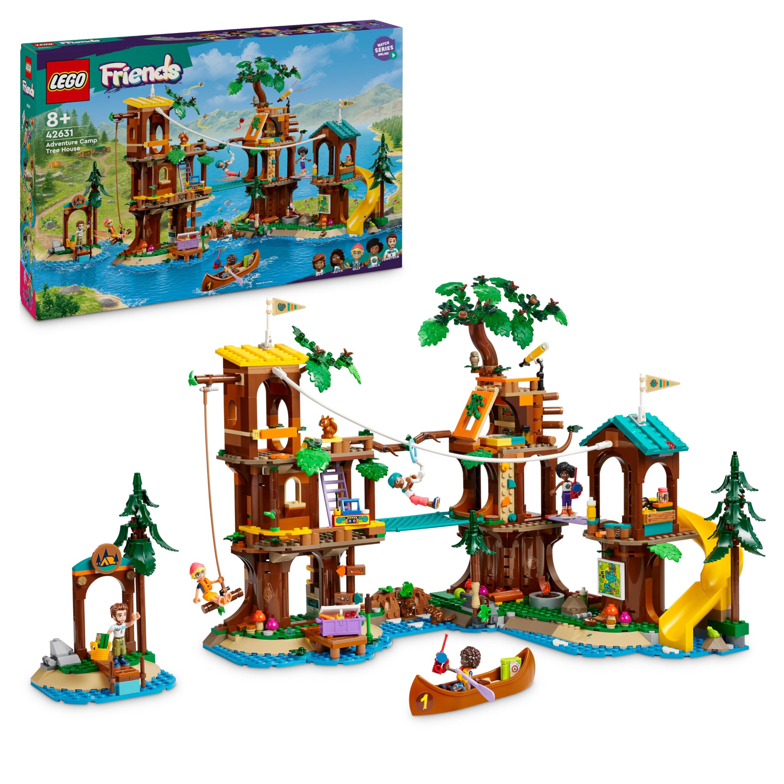 LEGO Friends Baumhaus im Abenteuercamp, Spielset für Mädchen und Jungen ab 8 Jahren mit 5 Spielfiguren und 5 Tieren, Geschenkidee für kreatives Spielen, Sportspielzeug, Puppenhaus 42631