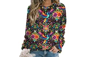Nevjipu Graphic Sweatshirts for Women Long Sleeve Tops - Colorful Bird Flower Print Cozy Ladies Crewneck Sweatshirt