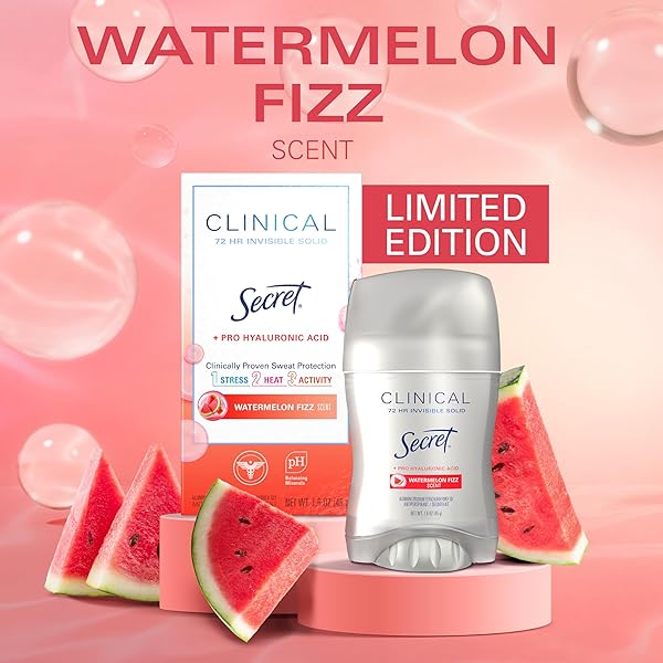 SECRET CLINICAL STRENGTH ANTIPERSPIRANT DEODORANT FOR WOMEN, 3X STRESS PROTECTION, 72HR SWEAT & ODOR PROTECTION, PRO-HYALURONIC ACID, INVISIBLE SOLID, WATERMELON SUMMER FIZZ SCENT, 1.6 OZ