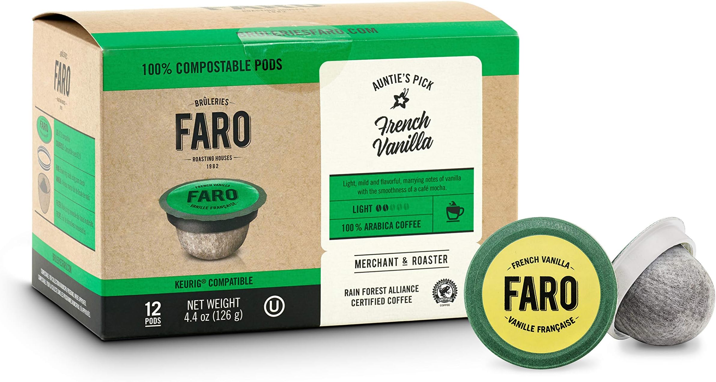 Faro French Vanilla, Light Roast, 100% Compostable, Rainforest Alliance Certified, Single Serve Cups for Keurig K-Cup Brewers, 12 Count