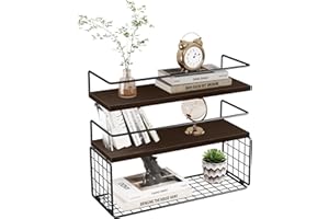Wengus Bathroom Floating Shelves for Wall, 17" Pine Wood Over Toilet Bathroom Shelves with Wire Basket and Guardrail, Wall Decor Shelves for Living Room, Kitchen, Bedroom, Set of 2, Dark Brown