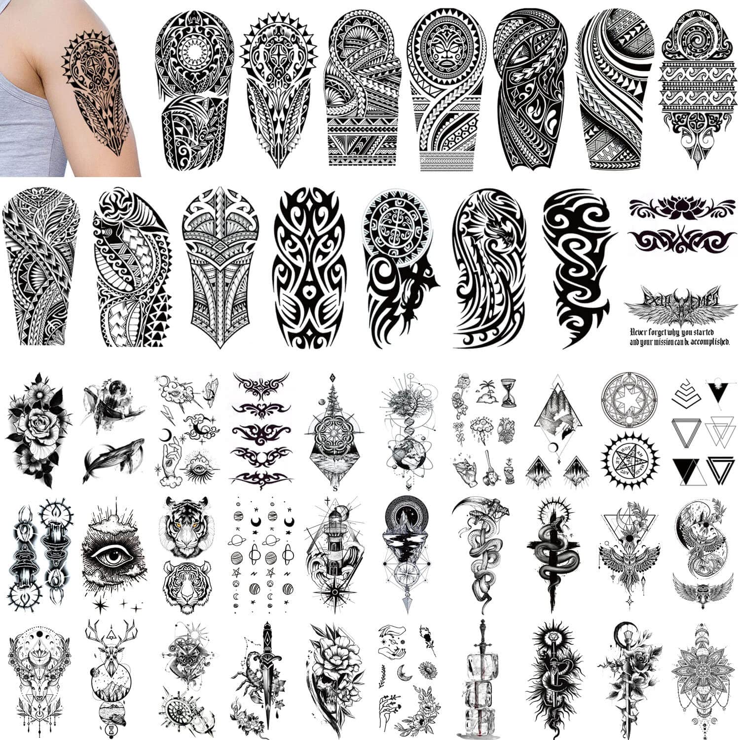 GLARYYEARS Maori Temporary Tattoo for Men Adults, 46-Pack Large Small size Realistic Tattoos, Totem Tribal Tiki Turtle Manta Fake Tattoo Stickers, Long-lasting Cool Black Body Half Arm Tattoos — image 1