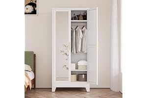 Ckzbx 71" H Metal Armoire Wardrobe Closet with Mirror, Adjustable Shelve, Clothes Drying Pole, Steel Wardrobe Cabinet for Bedroom (White)