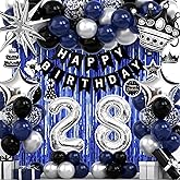 28th Birthday Decorations for Men and Women, Black Blue Silver Happy Birthday Number 28 Balloons, Banner, Fringe Curtains Garland Kit - 28 Year Old Party Supplies