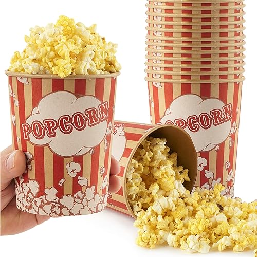 Stock Your Home 32 Oz Kraft Popcorn Buckets (25 Count) - Greaseproof Vintage Style Disposable Popcorn Containers for Movie Theaters, Amusement Parks, Concession Stands & Themed Parties