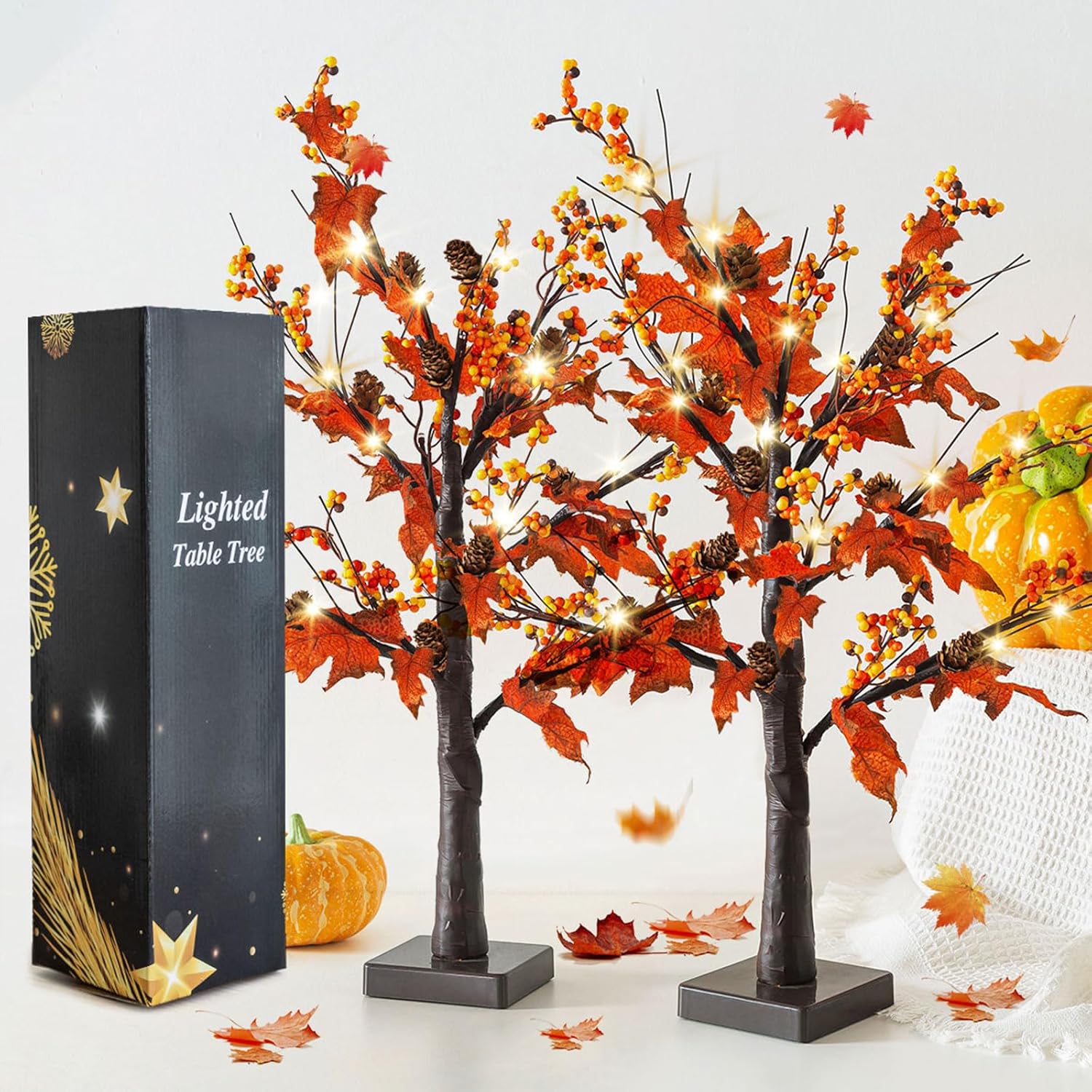 Trees - Ethlomoer 2 Pack 24 Inch Artificial Fall Maple Tree, Prelit 48 LEDs for Thanksgiving Decorations Fall Decor, Battery Operated with Timer, Lighted Autumn Tabletop Tree for Harvest Home Indoor Decor