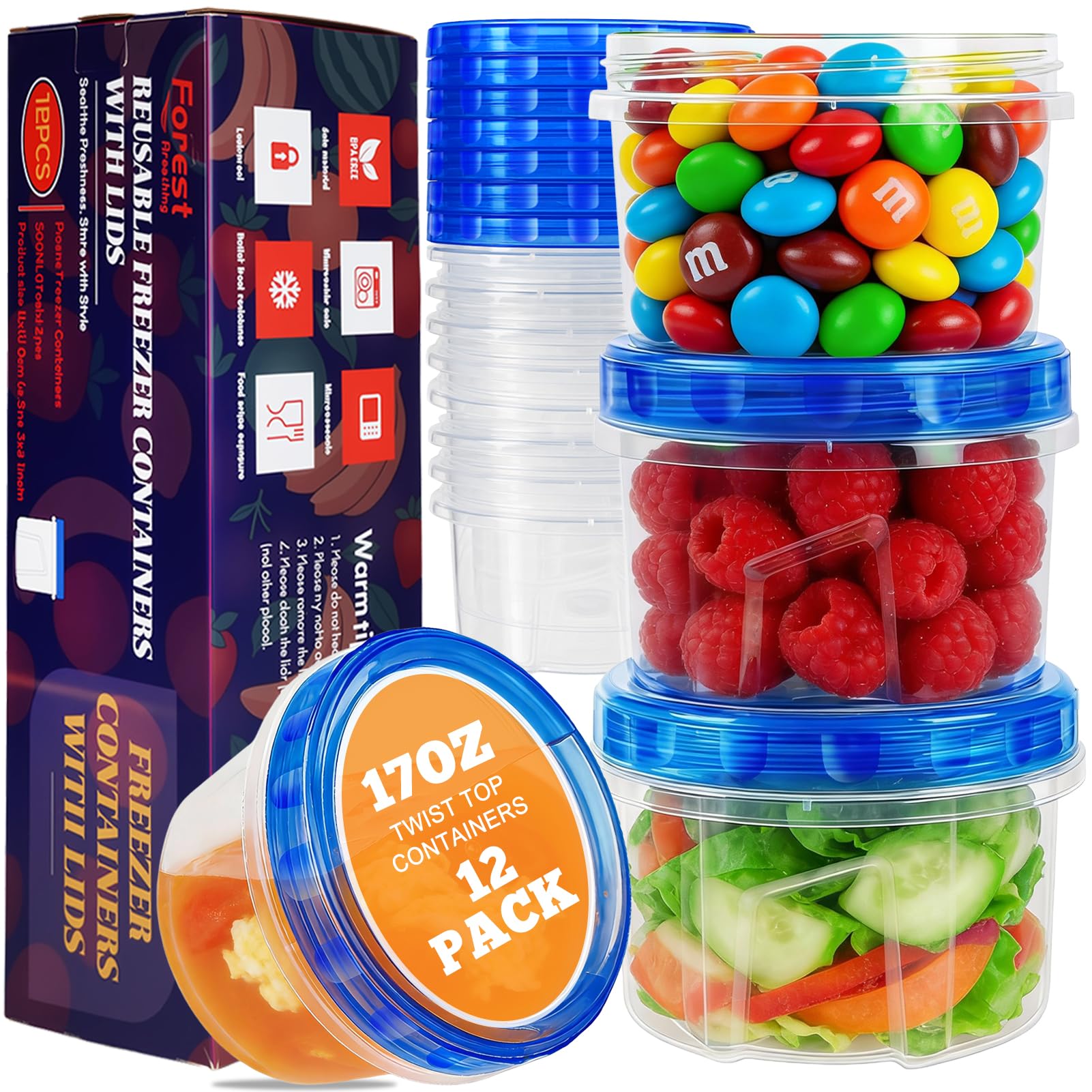 Photo 1 of 12 Pack 17oz Reusable Freezer Storage Containers with Twist Top Lids Airtight, Leakproof Plastic Food Storage Containers for Meal Prep Leftover Fruit Salad, Small Soup Container Microwave Freezer Safe