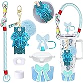 8Pcs Girly Bow Accessories Set for Stanley Cup 20oz30oz40oz, Including Straw Topper, Keychain Charms, Handle Strap, Silicone Boot, Bow Tumbler Lid Topper Compatible with Stanley Tumblers (Blue)