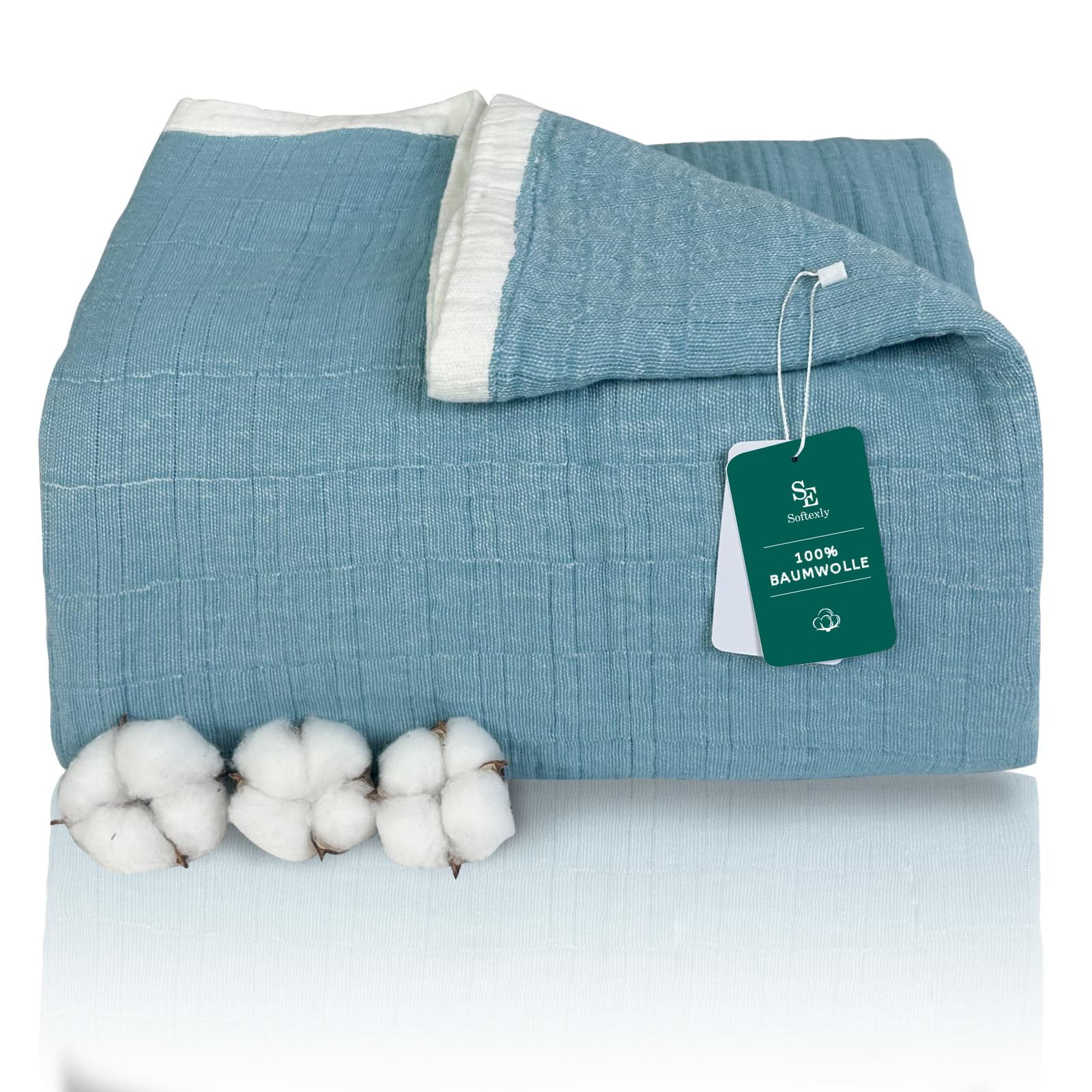 SE SOFTEXLY Cuddly Blanket, Cotton Blanket, 4-Layer Soft Cuddly Blanket for Couch/Bedspread, Lightweight Comfortable Cotton Muslin Blanket for All Season, Sofa Blanket, Light Blue Blanket, 130x150 cm