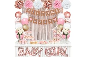 Rose Gold Party Baby Shower Decorations for Girl with Welcome Baby Banner Baby Girls Rose Gold Pink Gold White Foil Balloons 