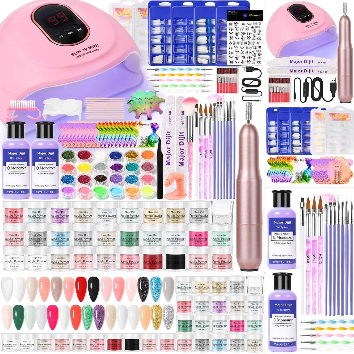 DouborQ Acrylic Nail Kit with Electric Nail Drill Lamp 29 Color Acrylic Powder Starter Art Set Supplies for Beginner with Everything