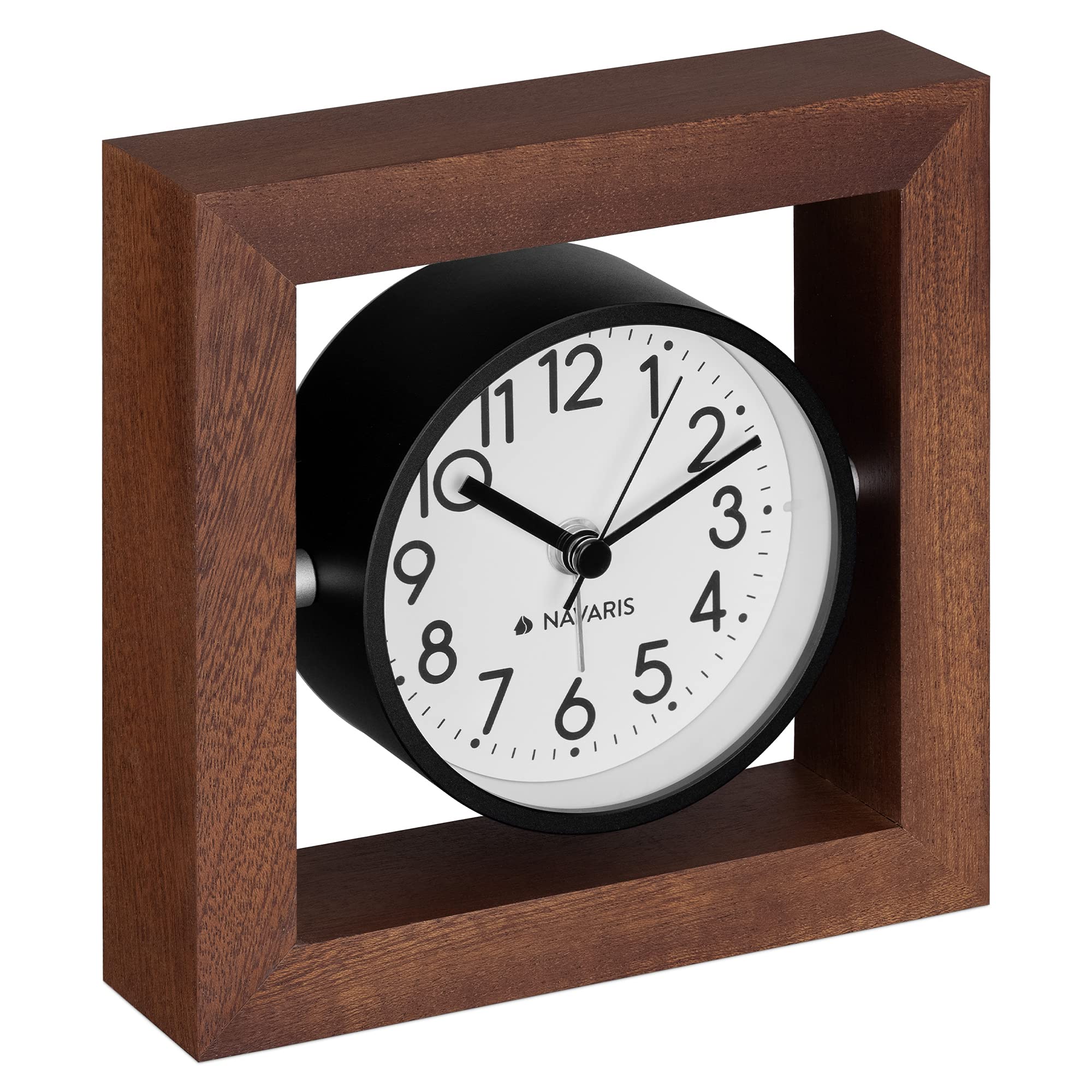 Navaris Analogue Wooden Clock - Square Wood Clock with Silent Movement for Desk, Tabletop, Countertop, Shelf - Mantel Clock - Dark Brown, White Face