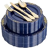 DaYammi 150Pcs Blue Plastic Plates Heavy Duty Navy Blue Disposable Plates with Gold Plastic Silverware include 30 Dinner Plate,30 Dessert Plate,90 Gold Silverware Set,blue plates for Party Dinner