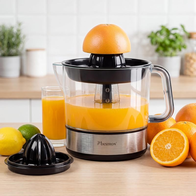 Bestron espremedor elétrico de frutas cítricas e laranja, incl. 2 cones espremedor e tampa aromática, motor com dois sentidos de rotação (esquerda/direita), capacidade: 0,7 litros, 40 watts, cor: prata