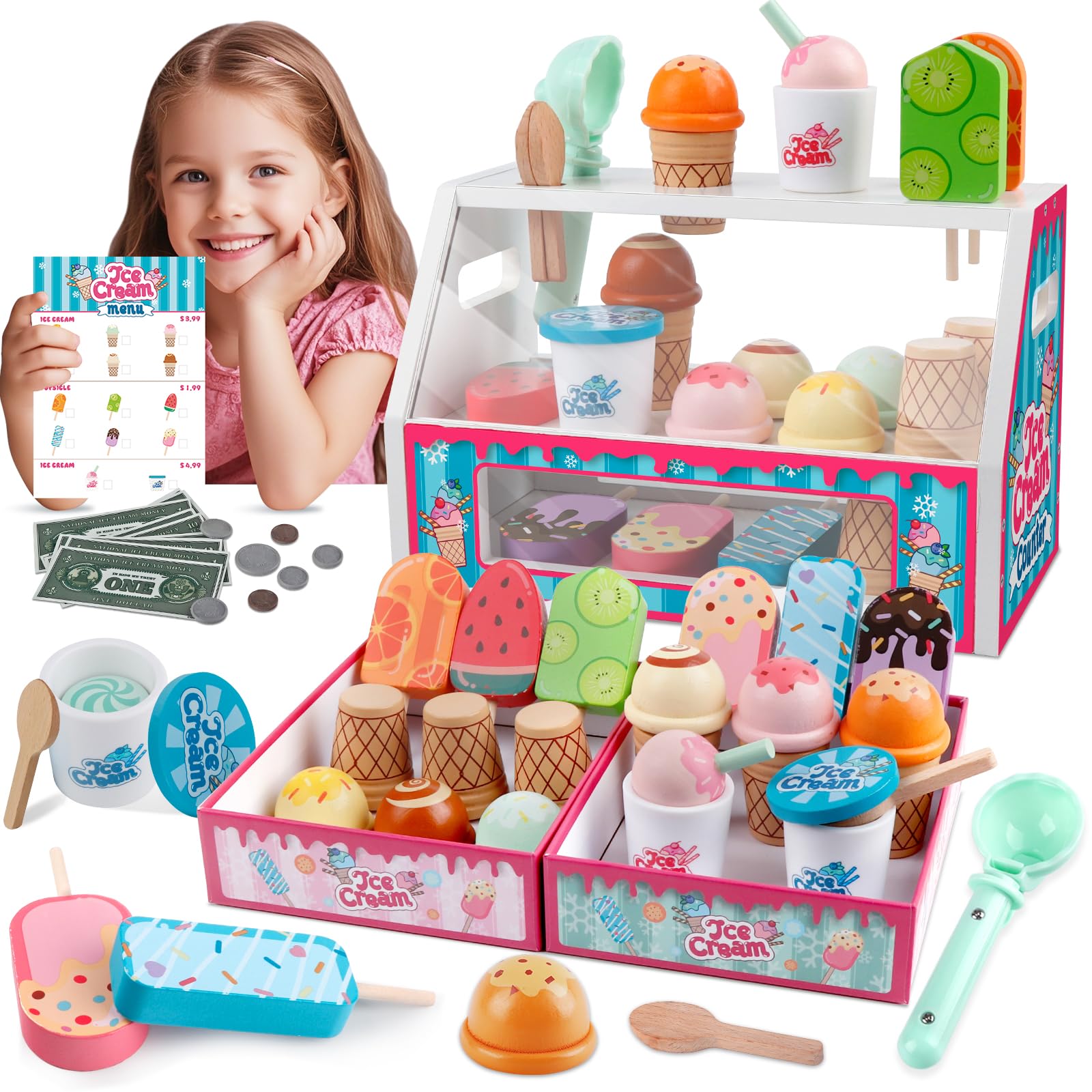 Photo 1 of Ice Cream Toys, Wooden Ice Cream Play Set, Pretend Play Toys, 46 Pcs Wooden Play Kitchen Accessories with Menu & Scoop & Menu & Fake Money, Ice Cream Toys for Toddlers 3 4 5 6 Girls Boys Birthday