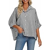 Vrtige Women's Casual Stripe Button Down Collar V Neck Half Sleeve Loose Blouse Shirt Top