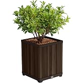 Keter Signature 21.6 Inch Tall Square Large Wood Look Planter for Indoor or Outdoor Flower Pot Ideal for Patio Deck and Front Porch Decor, Rosewood