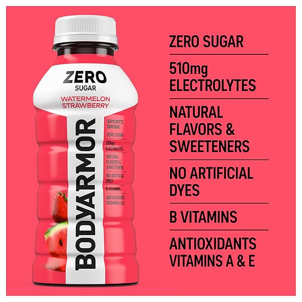 BODYARMOR ZERO SUGAR WATERMELON STRAWBERRY, SUGAR FREE SPORTS DRINK – LOW-CALORIE HYDRATION – NATURAL FLAVORS WITH POTASSIUM PACKED ELECTROLYTES, ANTIOXIDANTS, AND B-VITAMINS, 12 FL OZ (PACK OF 8)