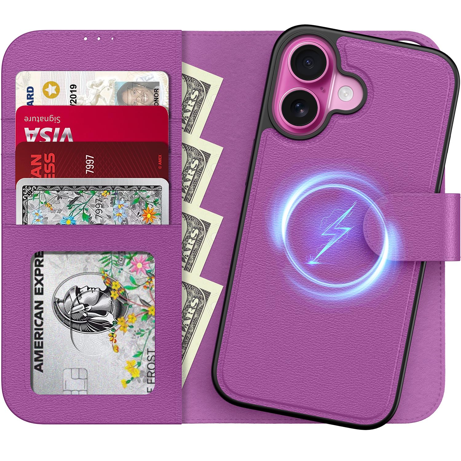 LUHOURI for iPhone 16 Case Wallet - Wireless Charging Compatible Detachable Flip Folio Leather Cover - RFID Blocking 4 Card Slots Holder - Protective Phone Case for Women - Violet