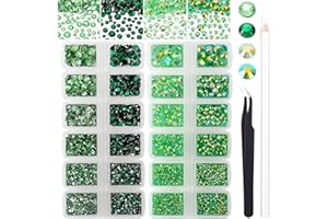 AUREHEN 15000PCs 2-6MM Green Series Resin Flat Back Rhinestones, Round Non Hotfix Jelly & Silver Bottom Resin Rhinestones Nail Gems Stones with Tweezer & Picker Pen for Nail Art Tumblers & DIY Crafts