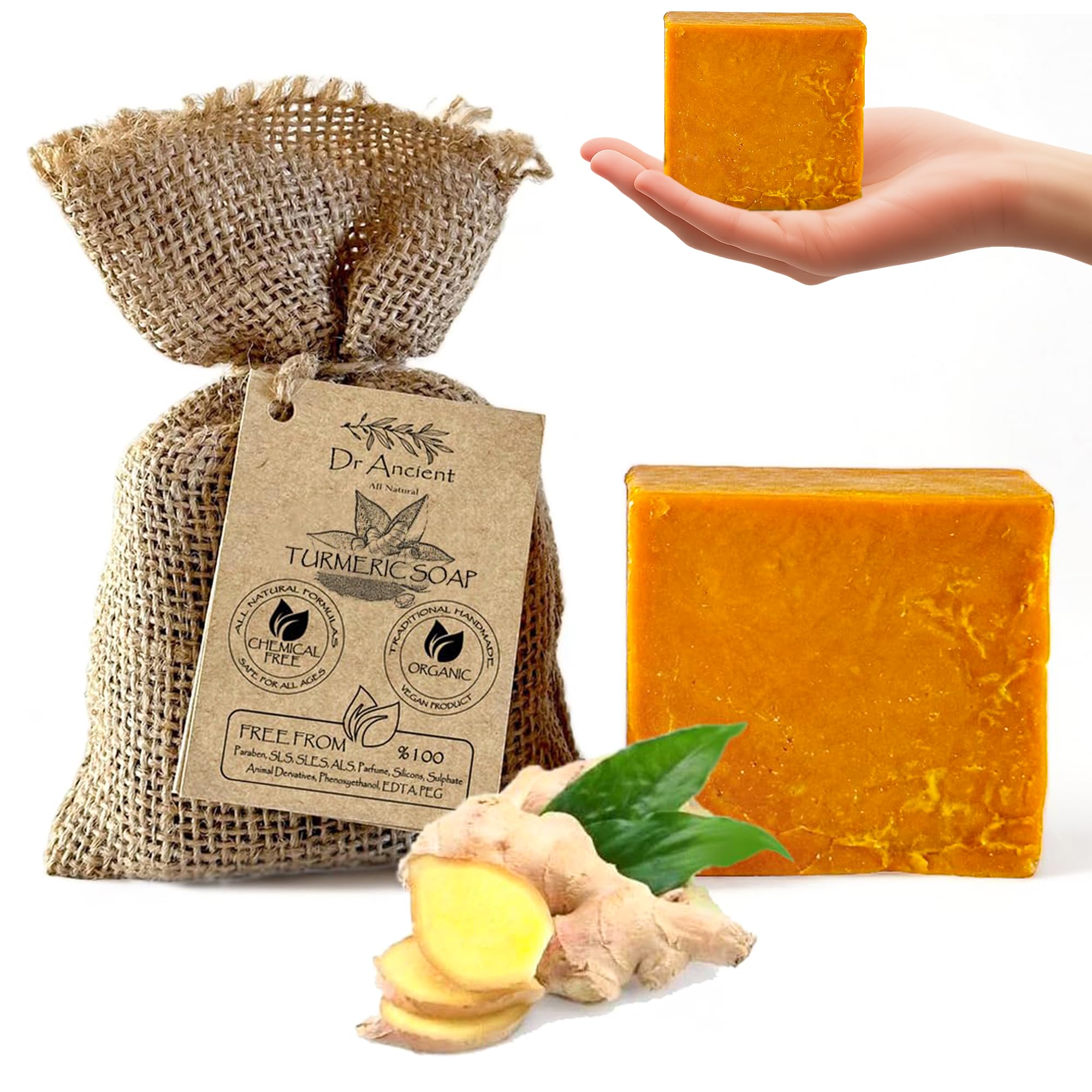Dr.Ancient Turmeric Soap Bar, Organic Soap Bars Handcrafted the Traditional Way, Natural Chemical-Free, Vegan, Used for Face Wash, Body Wash, and Hand Cleansing, Nourishing & Daily Skincare Routine