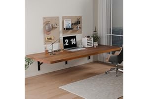 IAE Floating Wall Mounted Folding Table Desk with Pine Wood,55" x 22" Foldable Workbench,Fold Down Wall Mounted Foldable Desk with Shelf Brackets,Laundry Folding Table for Home,Dining,Kitchen,Teak