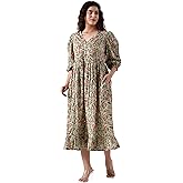 FABRICRAFT INDIA Indigo Bloom V-Neck Cotton Boho Midi Dress with Pockets Handmade Summer Beach Dress