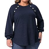 Agnes Orinda Plus Size Tops for Women Long Sleeve Crew Neck Button Decor Lightweight Pullover Blouses