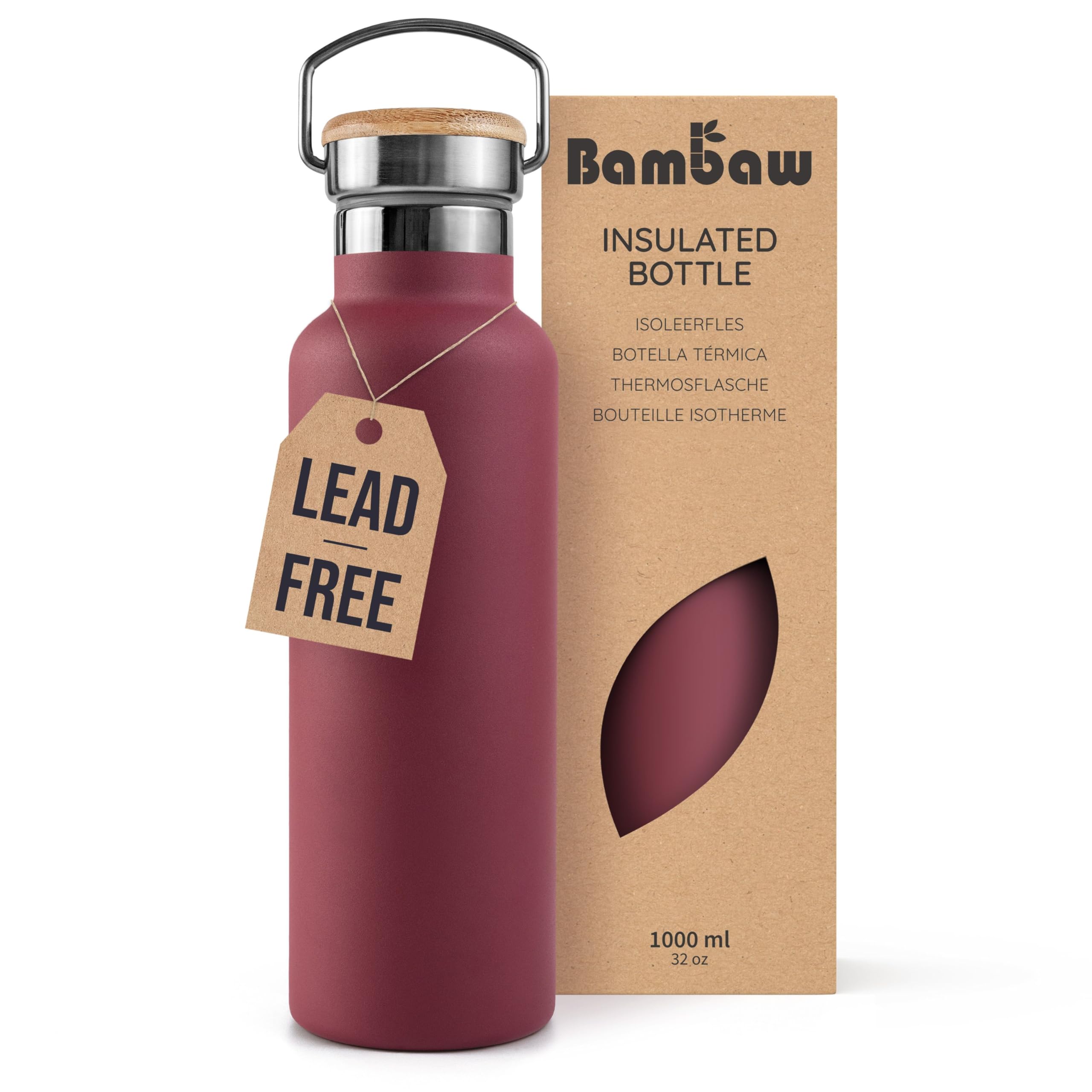 Bambaw 1l Stainless Steel Water Bottle with Handle, Insulated Plastic Free Water Bottle 1l, Metal, Rust-Resistant & Durable, Easy to Carry & Great for Travel (Red Berry)