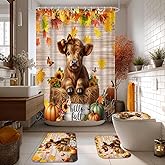 Lofaris Highland Cow Shower Curtain Set 4 Pcs - Fall Autumn Bathroom Decor with Non-Slip Rugs & Toilet Lid Cover, Cute Calf Pumpkin Sunflower Thanksgiving Bathroom Accessories