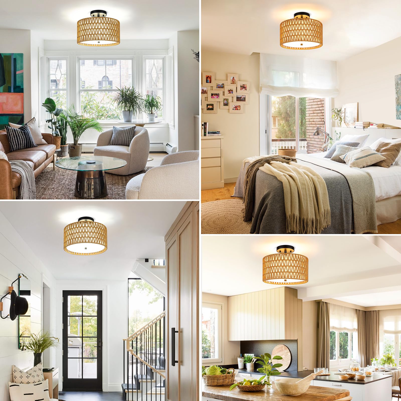 SunRider Semi Flush Mount Ceiling Light Fixture, 3-Light Farmhouse Woven Rattan and Fabric Shade Drum Light, Boho Rattan Lamp for Bedroom Foyer Porch