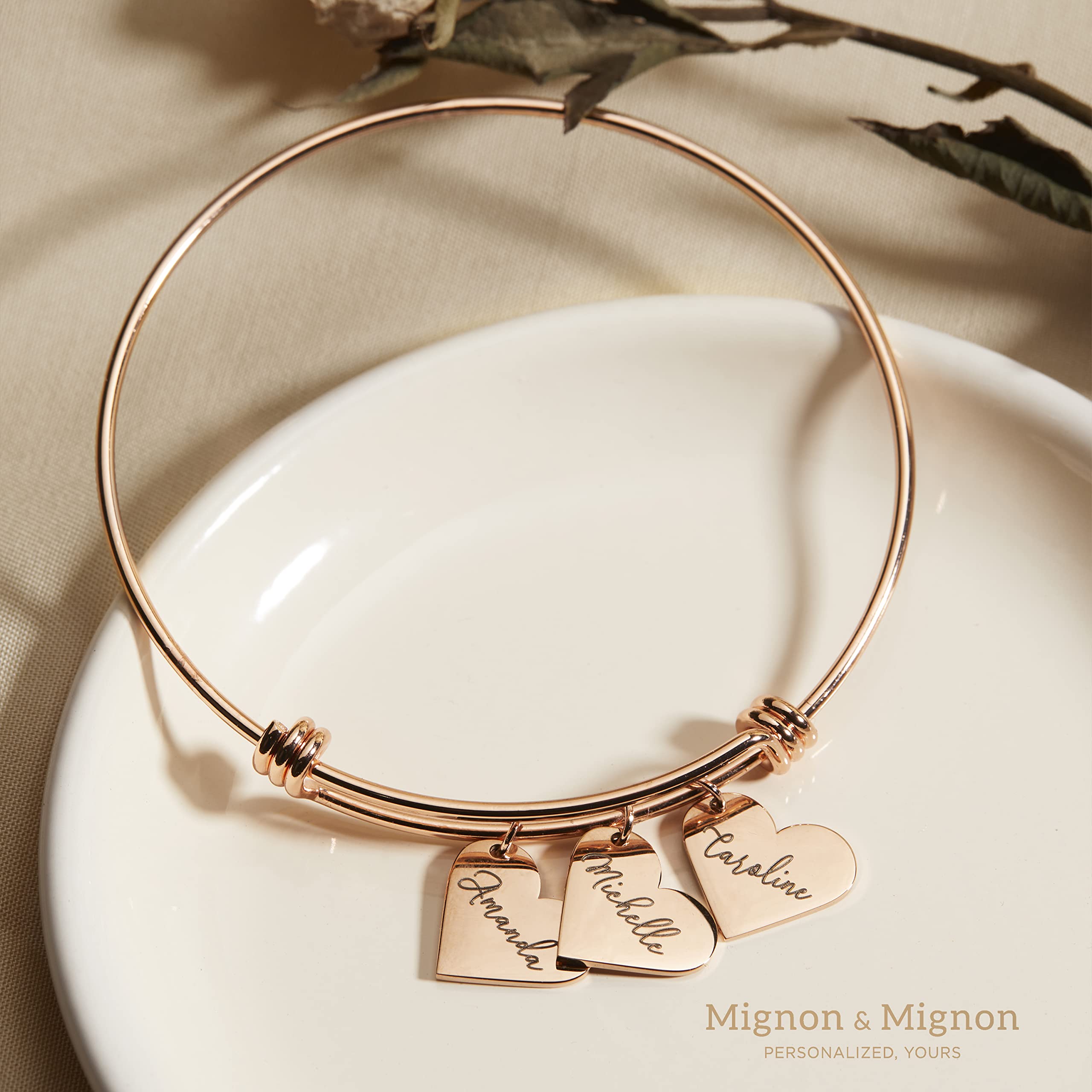 Custom Heart Charm Bracelet with Engraved Names, Personalized Gift for Women, Mom, Bridesmaids, or Friends, Adjustable Bangle for Graduation, Birthday – ABR-MH