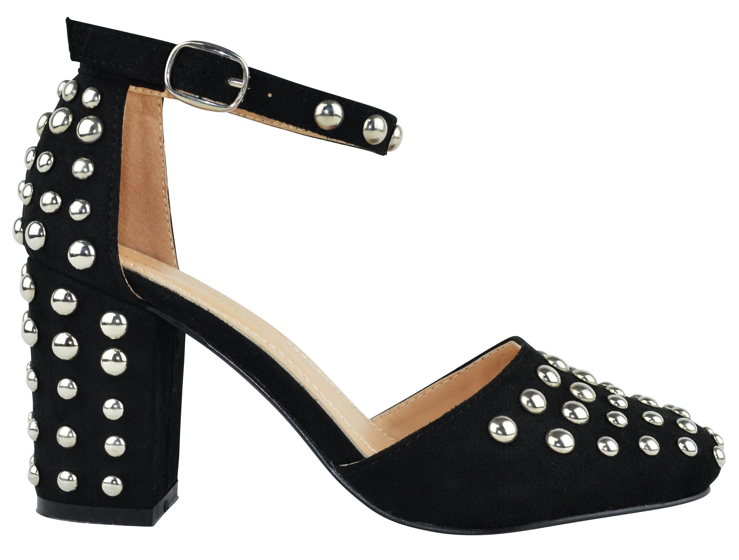 Chase & Chloe Women's Closed Toe Studded Chunky Block Heel Party Pump (7 B(M) US, Black) - Image 3