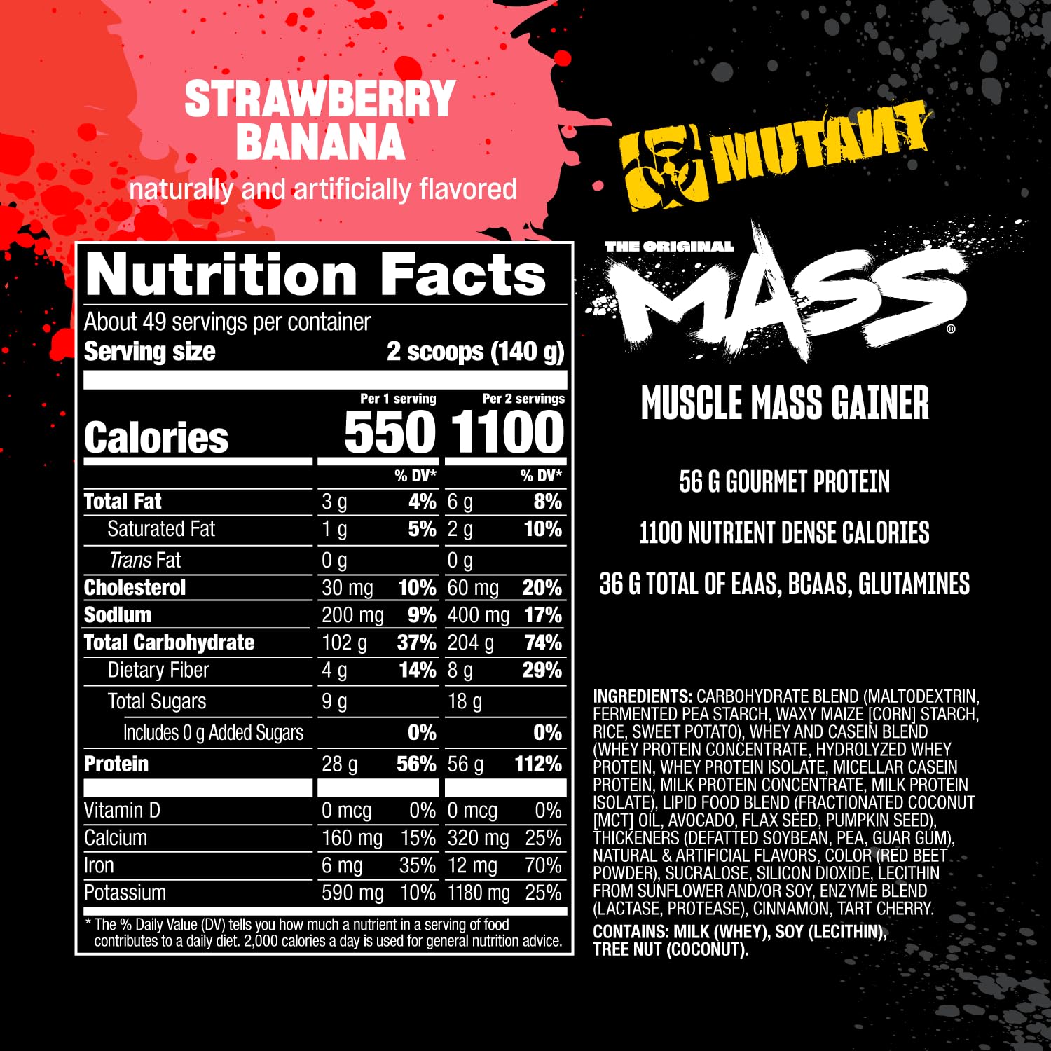 Mutant Mass Weight Gainer Protein Powder with Whey, and Casein Protein Blend for High-Calorie Workout Shakes, Smoothies, and Drinks, 15 lb - Strawberry Banana