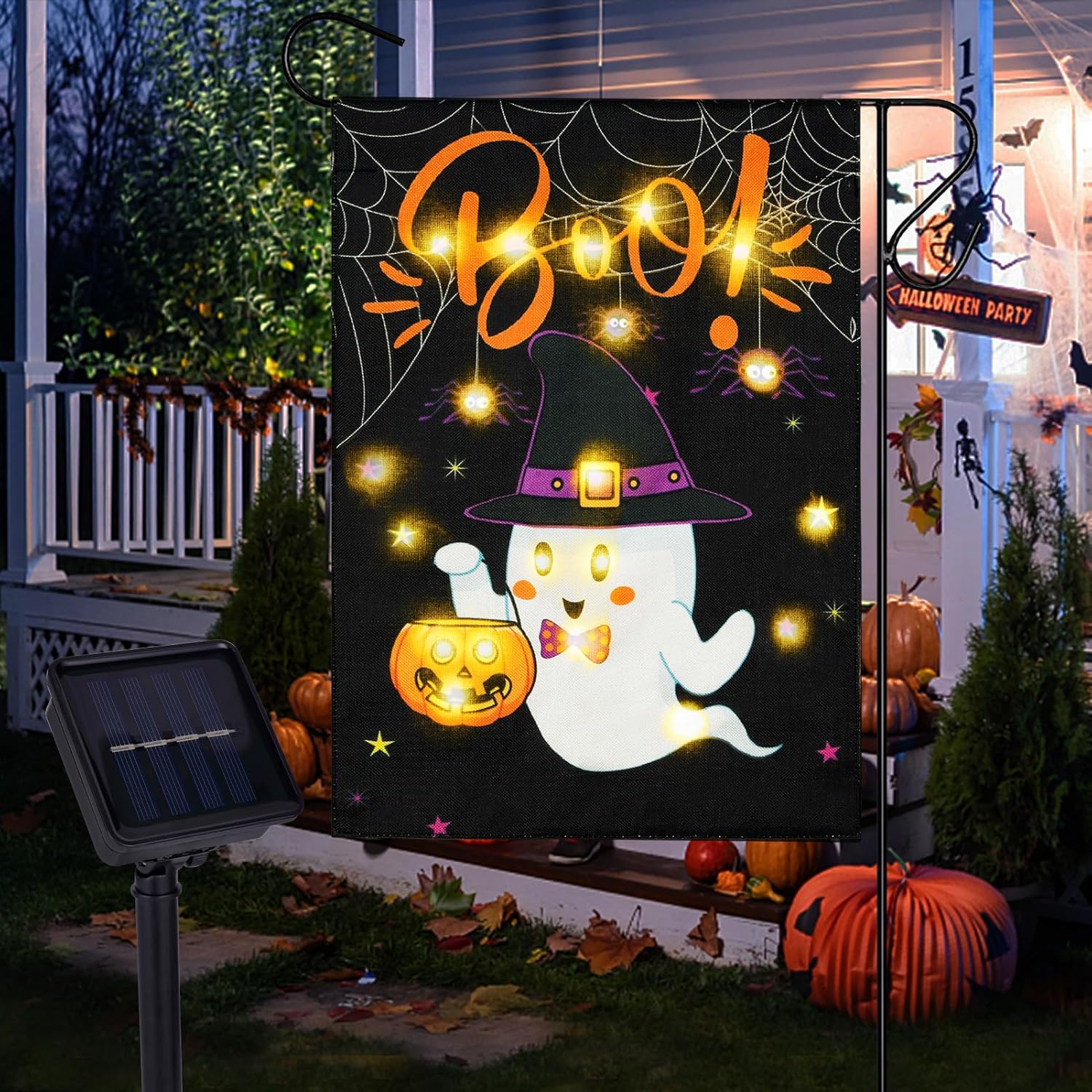 Flags - Halloween Garden Flag with Solar LED Lights, 12x18in Double Sided Halloween Flag, Buffalo Plaid Burlap Lighted Winter Garden Flag for Solar Halloween Decorations Outdoor