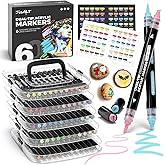 JusArt 60 Colors Automatic Ink Control Acrylic Paint Markers,Dual Tip with Broad Tip and Brush Tip Pens for Ceramic, Wood, Canvas, Glass, Stone, Fabric, DIY Crafts Art Supplies Kit for Adult