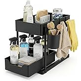 Under Sink Organizer – 2 Tier Sliding cabinet organizer with 4 Hooks & 1 Cup | Multi-Purpose Space Saving Shelf for under kitchen sink storage, Countertop, Bathroom, Pantry & Office Organization